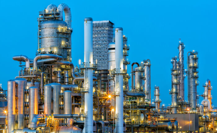 Petrochemical Plant Illuminated at Dusk